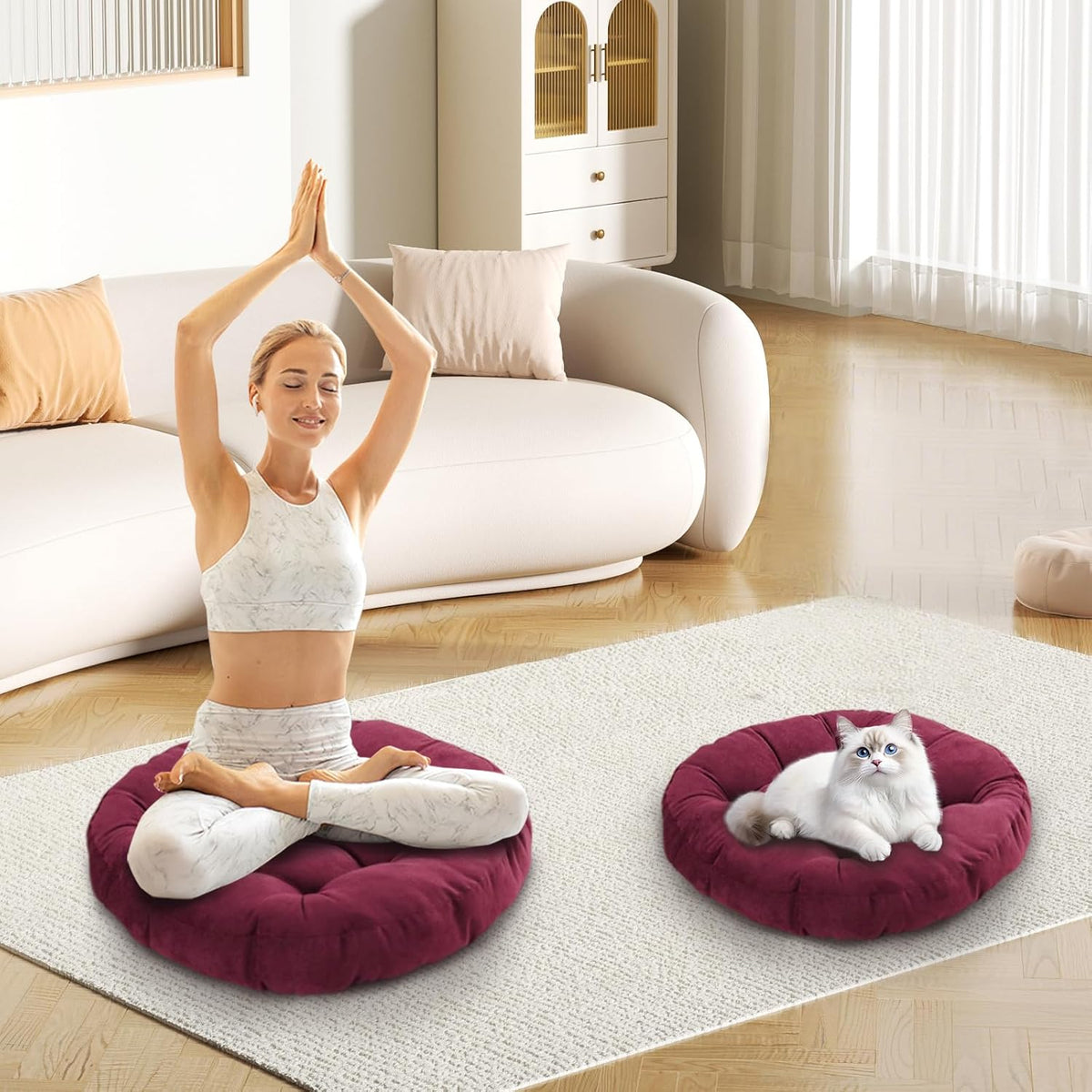 Yellow Set of 2 Round Meditation Floor Pillow Cushions for Adults