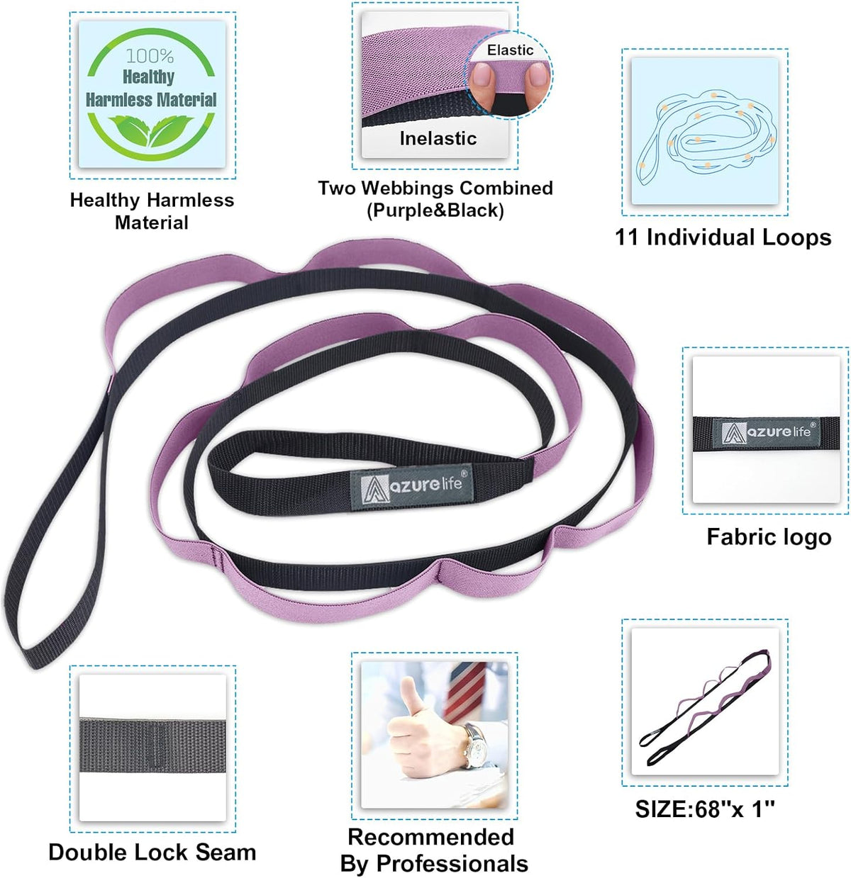 Half-Elastic Stretch Straps with 11 Loops, Stretching Strap for Physical Therapy, Multi-Loop Yoga Strap Fitness Exercise Strap for Yoga, Pilates, Dance, Flexibility&Exercise
