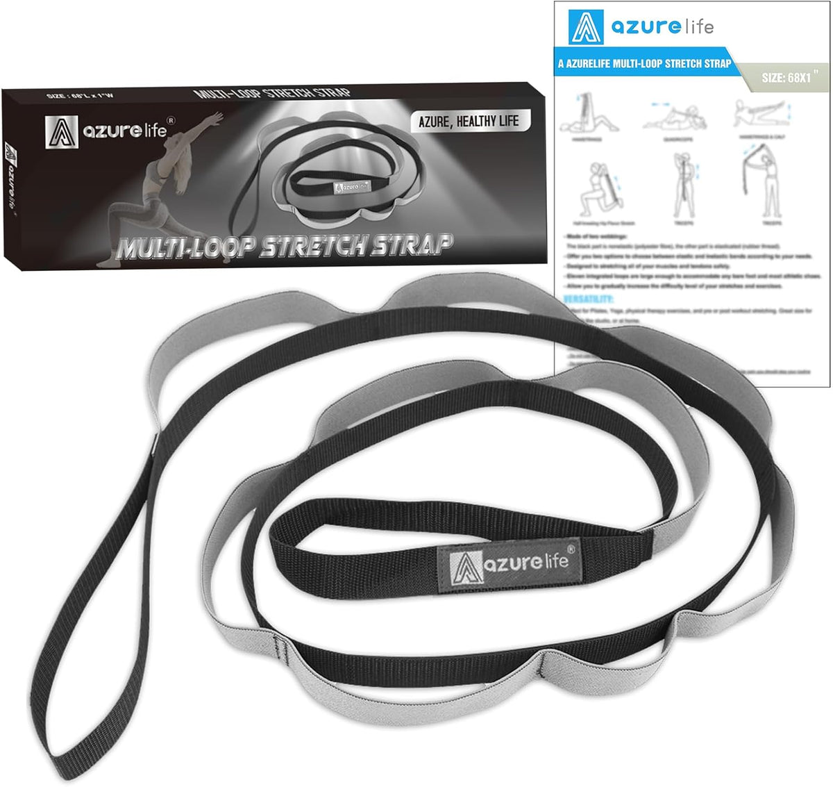 Half-Elastic Stretch Straps with 11 Loops, Stretching Strap for Physical Therapy, Multi-Loop Yoga Strap Fitness Exercise Strap for Yoga, Pilates, Dance, Flexibility&Exercise