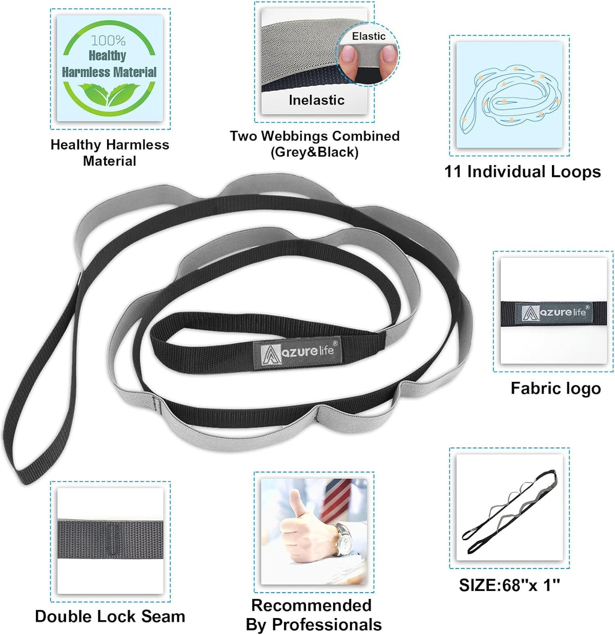 Half-Elastic Stretch Straps with 11 Loops, Stretching Strap for Physical Therapy, Multi-Loop Yoga Strap Fitness Exercise Strap for Yoga, Pilates, Dance, Flexibility&Exercise
