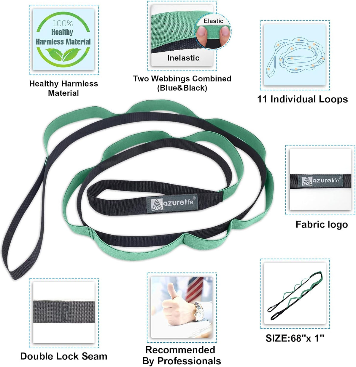 Half-Elastic Stretch Straps with 11 Loops, Stretching Strap for Physical Therapy, Multi-Loop Yoga Strap Fitness Exercise Strap for Yoga, Pilates, Dance, Flexibility&Exercise