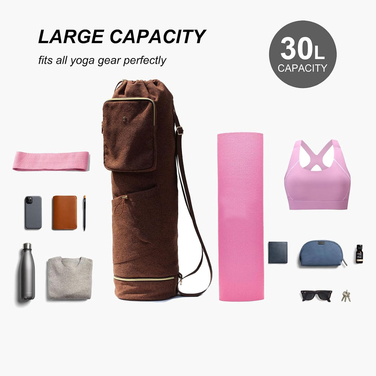 Yoga Mat Bag with Multi Pockets Drawstring Yoga Mat Carrier Pilates Exercise Multi-Functional Storage Bag