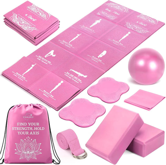 Foldable Non-Slip Yoga Mat and Blocks Set for Women, 9-Pcs Yoga Starter Kit