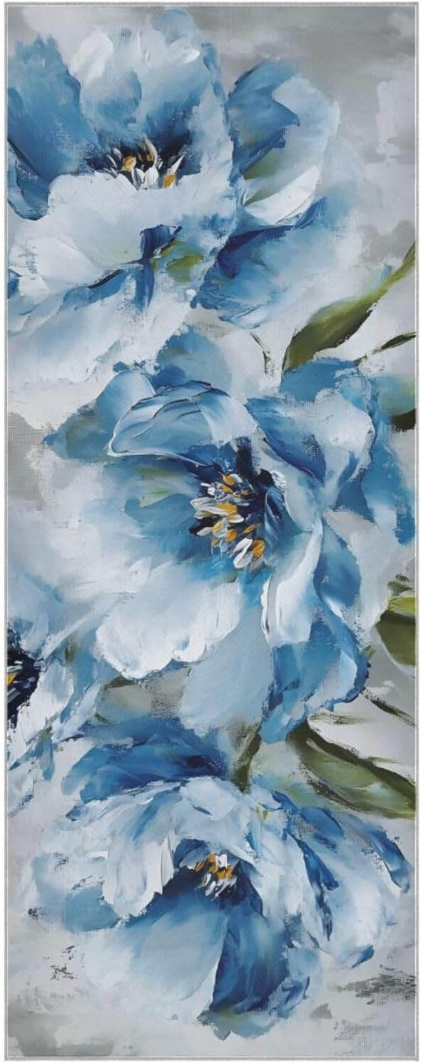Yoga Towel with Silicone Grip Blue Flowers Oil Painting – Sweat Wicking Non-Slip Microfiber Mat Cover for Hot Yoga Pilates Fitness, Skid Resistant for Home Gym Studio