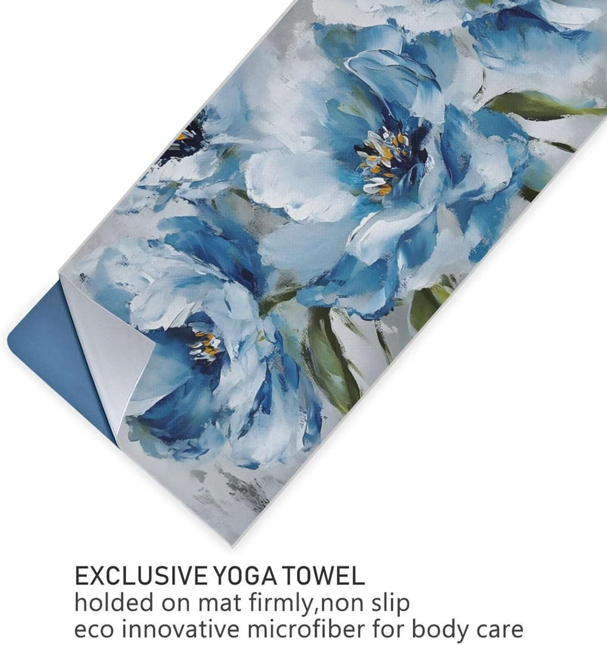Yoga Towel with Silicone Grip Blue Flowers Oil Painting – Sweat Wicking Non-Slip Microfiber Mat Cover for Hot Yoga Pilates Fitness, Skid Resistant for Home Gym Studio
