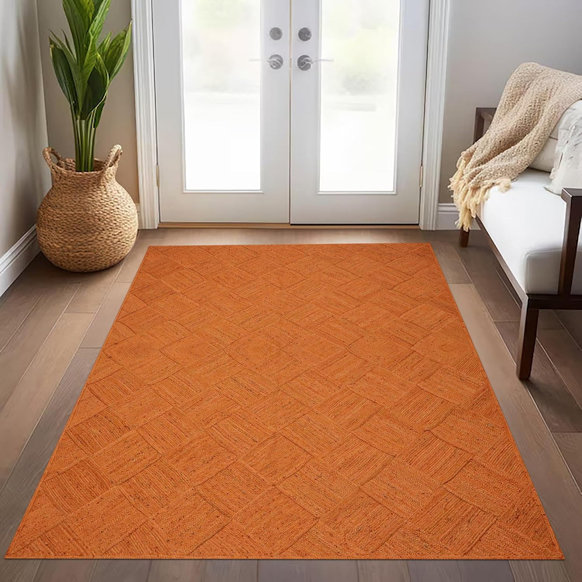Hand Braided Jute 4 Ft Square Kilim Rug Flatweave Pink Geometric Pattern Jute Sisal Rug, Thick 0.27 Inch Indoor Outdoor Carpet for Kitchen, Bedside, Yoga Mat - Colors B