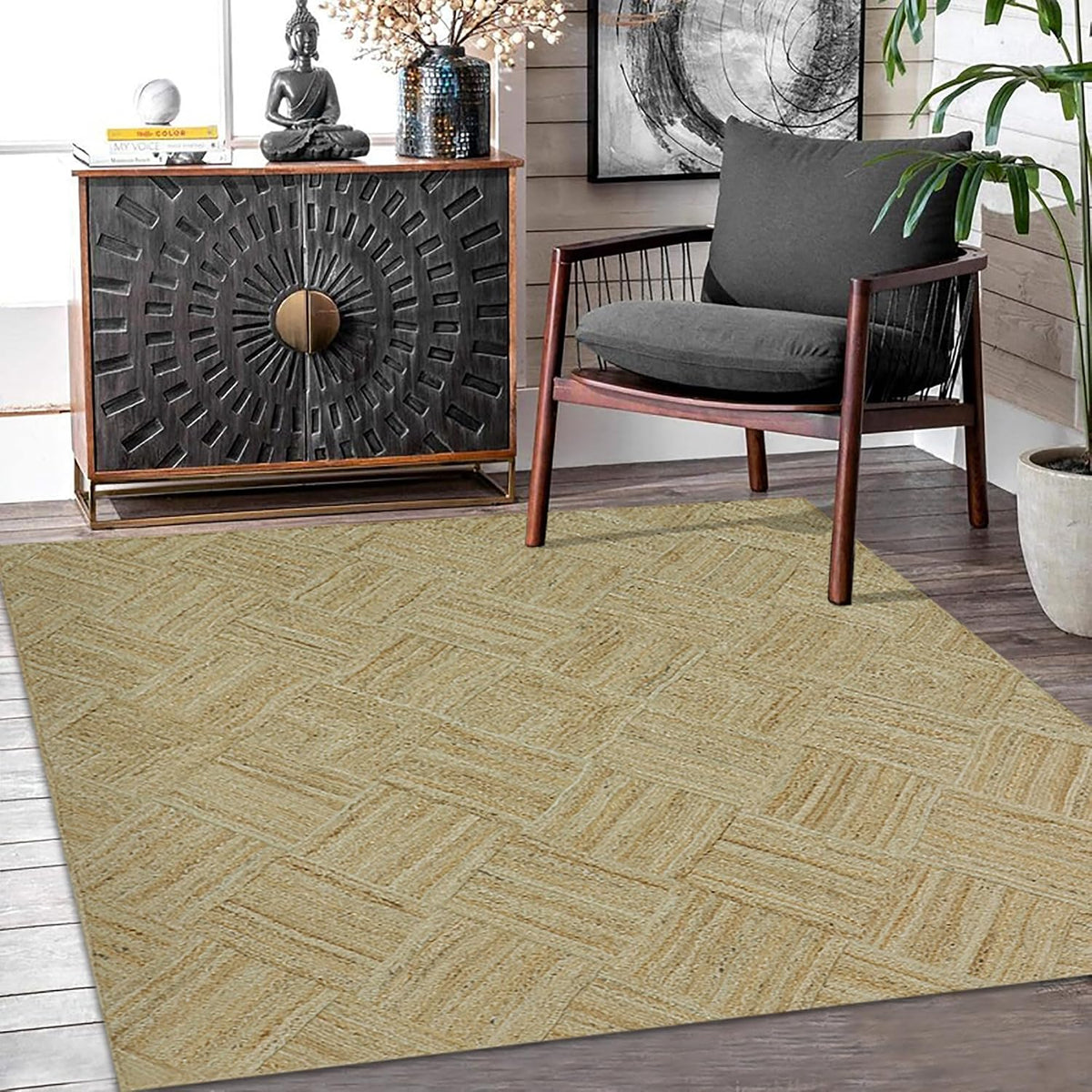 Hand Braided Jute 4 Ft Square Kilim Rug Flatweave Pink Geometric Pattern Jute Sisal Rug, Thick 0.27 Inch Indoor Outdoor Carpet for Kitchen, Bedside, Yoga Mat - Colors B