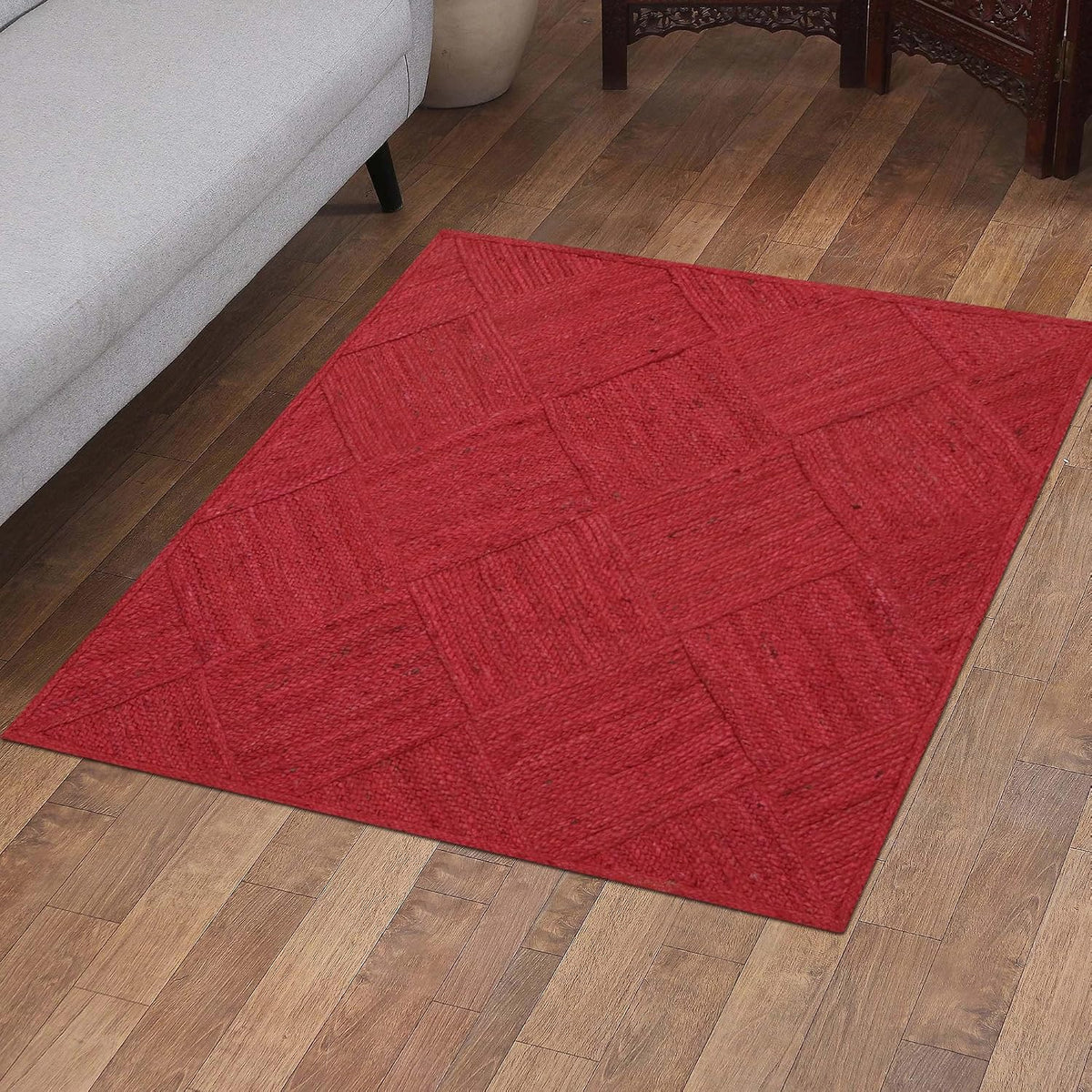 Hand Braided Jute 4 Ft Square Kilim Rug Flatweave Pink Geometric Pattern Jute Sisal Rug, Thick 0.27 Inch Indoor Outdoor Carpet for Kitchen, Bedside, Yoga Mat - Colors B