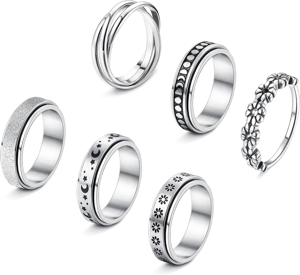 FUNRUN JEWELRY Fidget Anxiety Rings for Women and Men Spinner Ring 4-6PCS