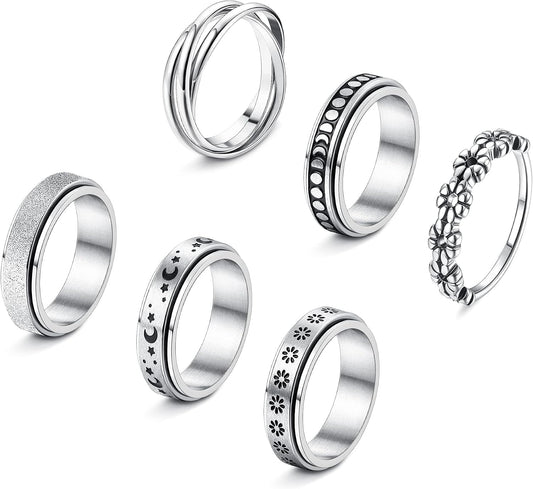 FUNRUN JEWELRY Fidget Anxiety Rings for Women and Men Spinner Ring 4-6PCS