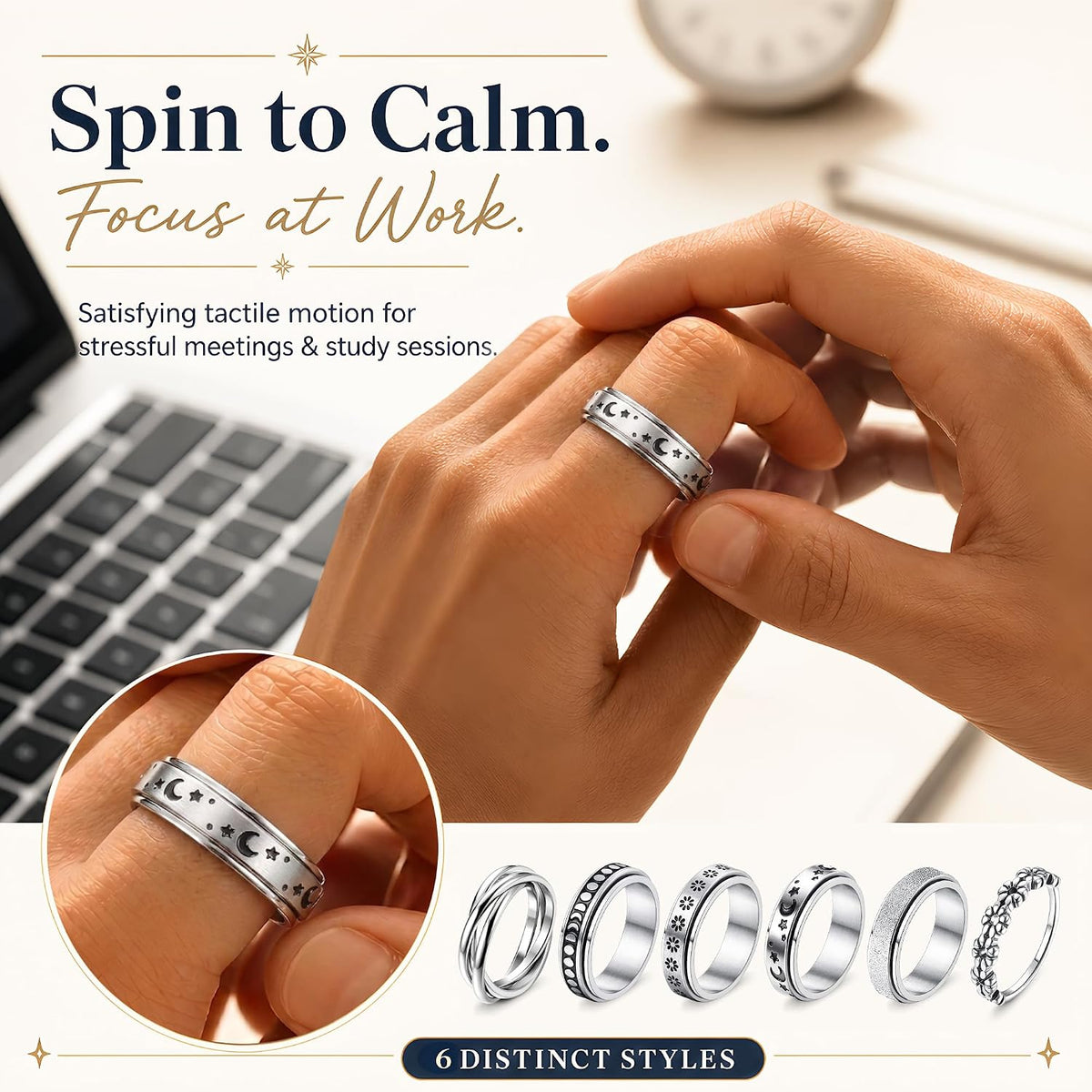 FUNRUN JEWELRY Fidget Anxiety Rings for Women and Men Spinner Ring 4-6PCS
