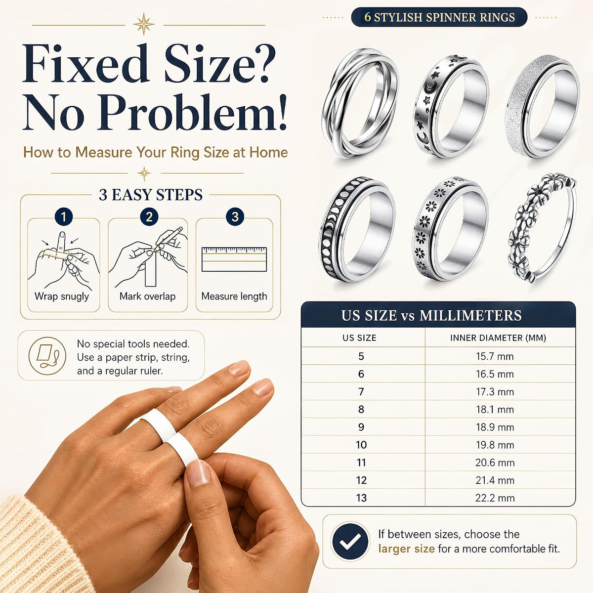 FUNRUN JEWELRY Fidget Anxiety Rings for Women and Men Spinner Ring 4-6PCS