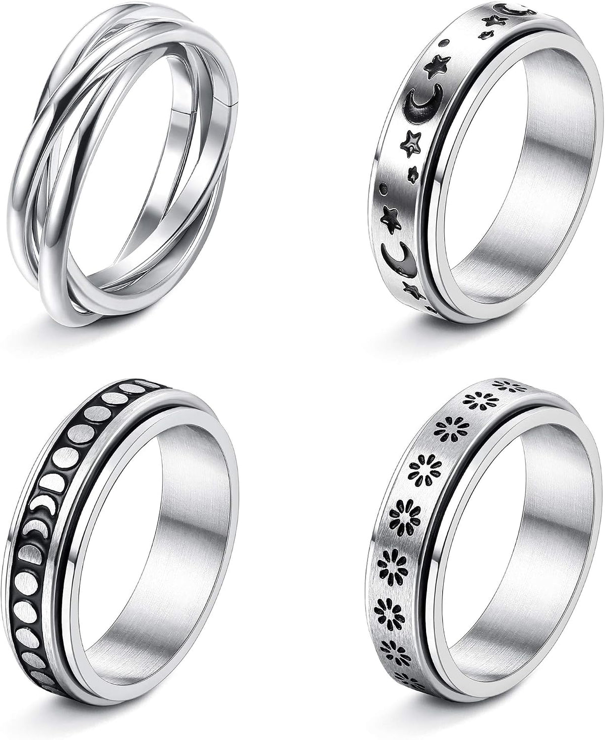 FUNRUN JEWELRY Fidget Anxiety Rings for Women and Men Spinner Ring 4-6PCS
