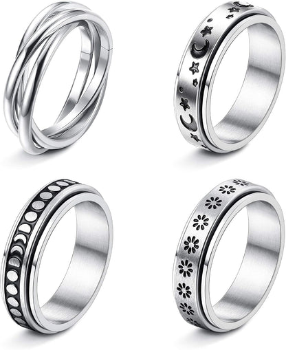 FUNRUN JEWELRY Fidget Anxiety Rings for Women and Men Spinner Ring 4-6PCS