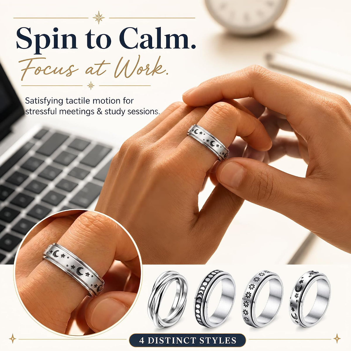 FUNRUN JEWELRY Fidget Anxiety Rings for Women and Men Spinner Ring 4-6PCS
