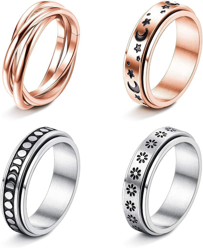 FUNRUN JEWELRY Fidget Anxiety Rings for Women and Men Spinner Ring 4-6PCS