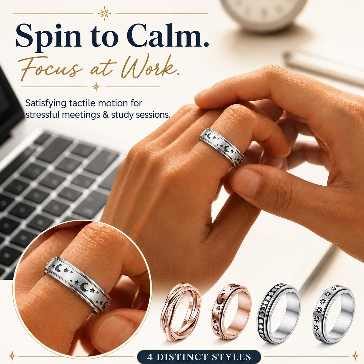 FUNRUN JEWELRY Fidget Anxiety Rings for Women and Men Spinner Ring 4-6PCS