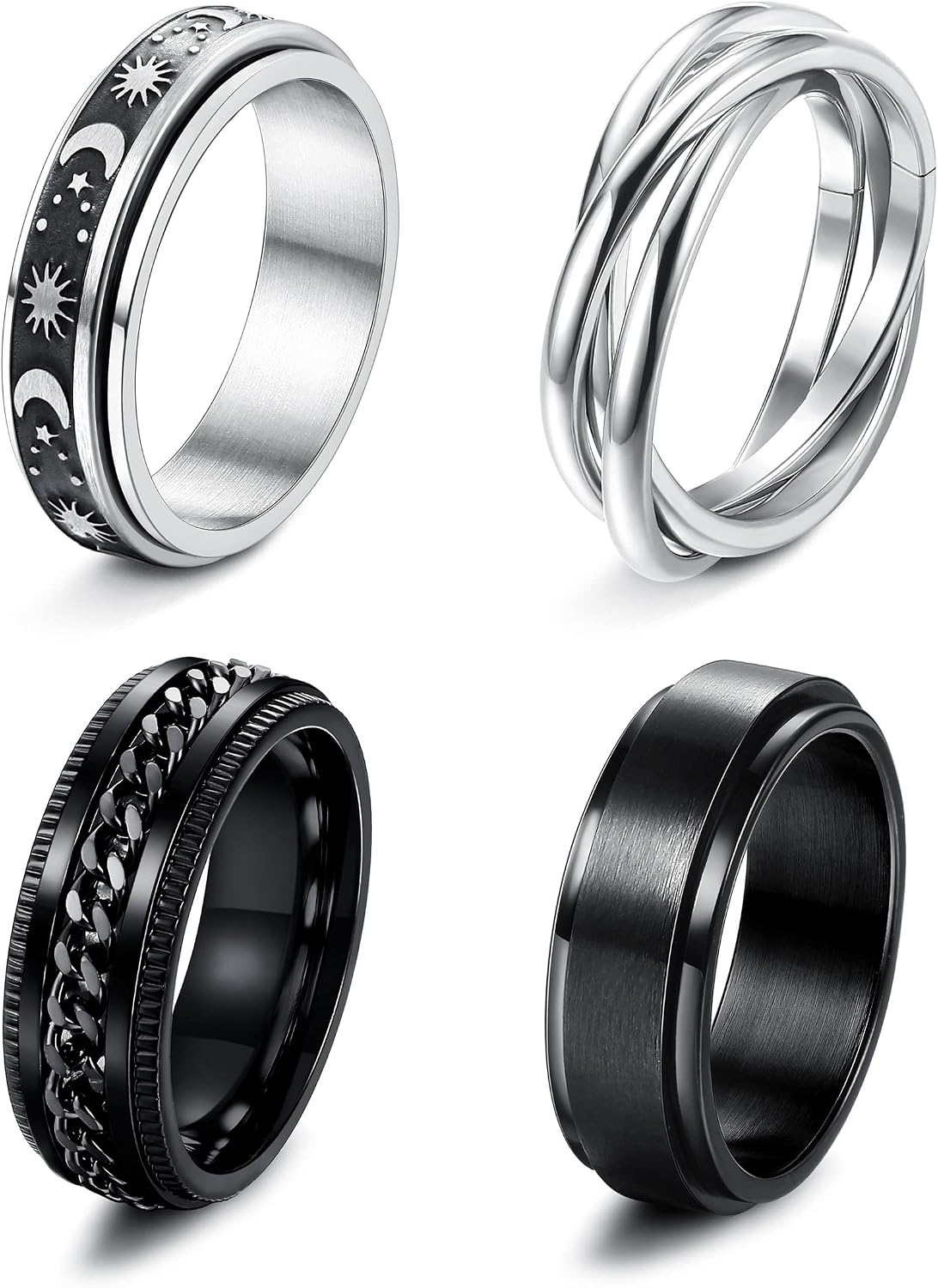 FUNRUN JEWELRY Fidget Anxiety Rings for Women and Men Spinner Ring 4-6PCS