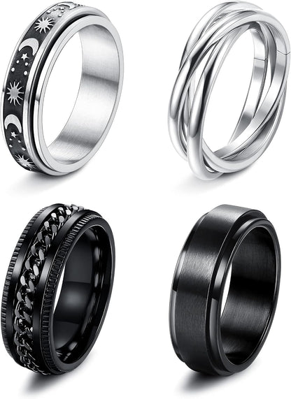 FUNRUN JEWELRY Fidget Anxiety Rings for Women and Men Spinner Ring 4-6PCS