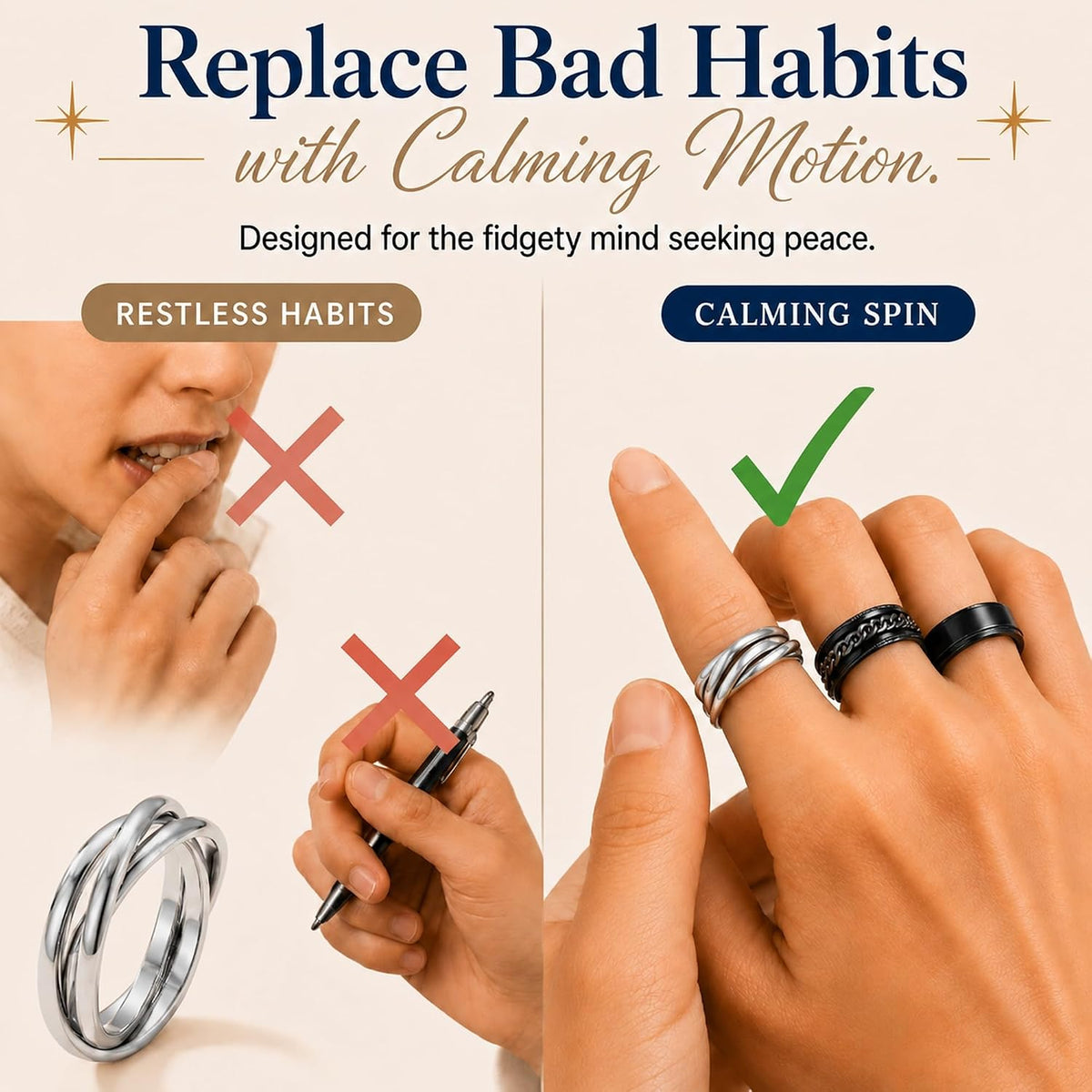 FUNRUN JEWELRY Fidget Anxiety Rings for Women and Men Spinner Ring 4-6PCS