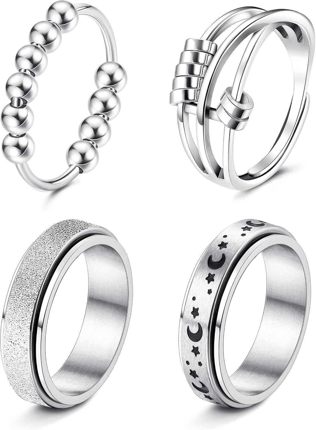 FUNRUN JEWELRY Fidget Anxiety Rings for Women and Men Spinner Ring 4-6PCS