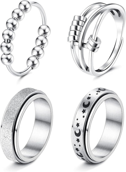 FUNRUN JEWELRY Fidget Anxiety Rings for Women and Men Spinner Ring 4-6PCS