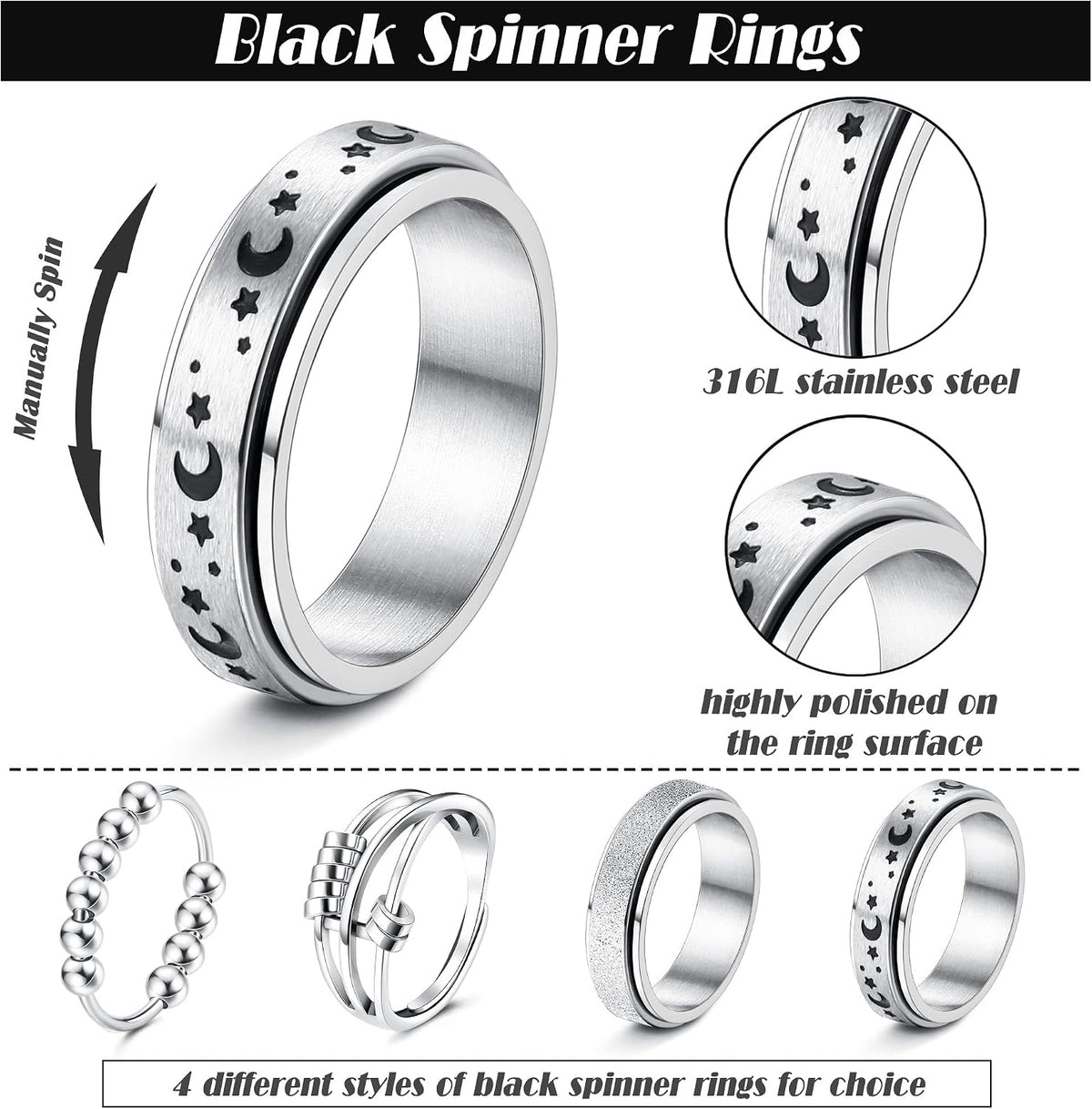 FUNRUN JEWELRY Fidget Anxiety Rings for Women and Men Spinner Ring 4-6PCS