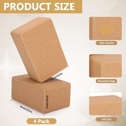 4 Pcs Cork Yoga Blocks, 9 x 6 x 4 in Non Slip Bricks