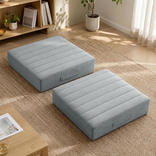 2 Pcs High Density Foam Floor Pillow - Upgraded Large Pillows Seating for Adults - Outdoor Floor Cushion with Soft Tufted Cover - Yoga Pillows for Sitting On Floor - 22 Inch Light Gray