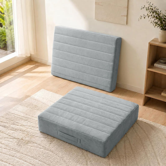 2 Pcs High Density Foam Floor Pillow - Upgraded Large Pillows Seating for Adults - Outdoor Floor Cushion with Soft Tufted Cover - Yoga Pillows for Sitting On Floor - 22 Inch Light Gray