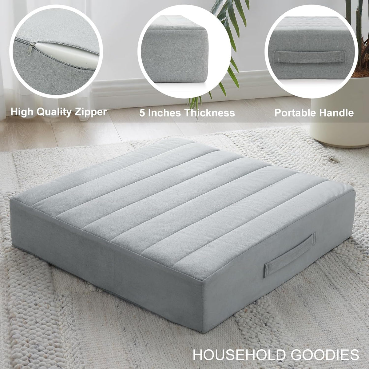 2 Pcs High Density Foam Floor Pillow - Upgraded Large Pillows Seating for Adults - Outdoor Floor Cushion with Soft Tufted Cover - Yoga Pillows for Sitting On Floor - 22 Inch Light Gray