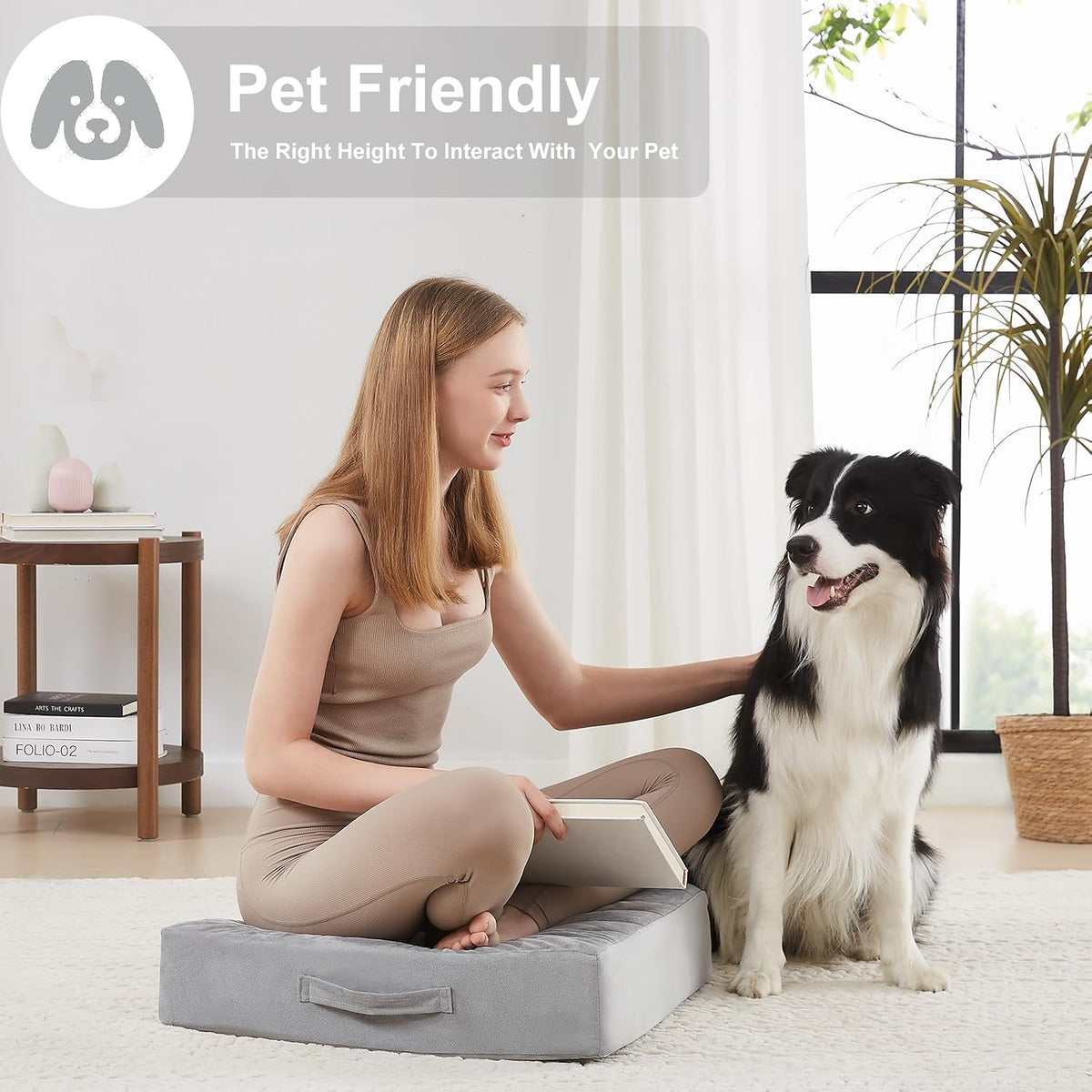 2 Pcs High Density Foam Floor Pillow - Upgraded Large Pillows Seating for Adults - Outdoor Floor Cushion with Soft Tufted Cover - Yoga Pillows for Sitting On Floor - 22 Inch Light Gray