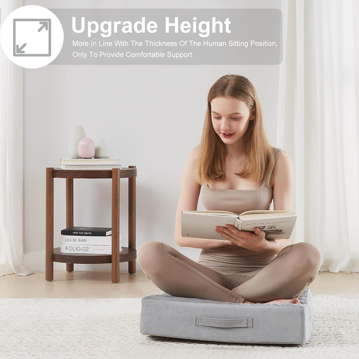 2 Pcs High Density Foam Floor Pillow - Upgraded Large Pillows Seating for Adults - Outdoor Floor Cushion with Soft Tufted Cover - Yoga Pillows for Sitting On Floor - 22 Inch Light Gray