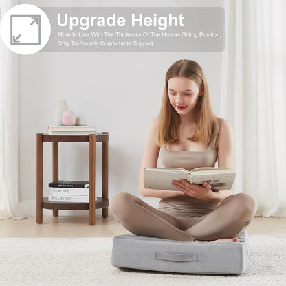2 Pcs High Density Foam Floor Pillow - Upgraded Large Pillows Seating for Adults - Outdoor Floor Cushion with Soft Tufted Cover - Yoga Pillows for Sitting On Floor - 22 Inch Light Gray
