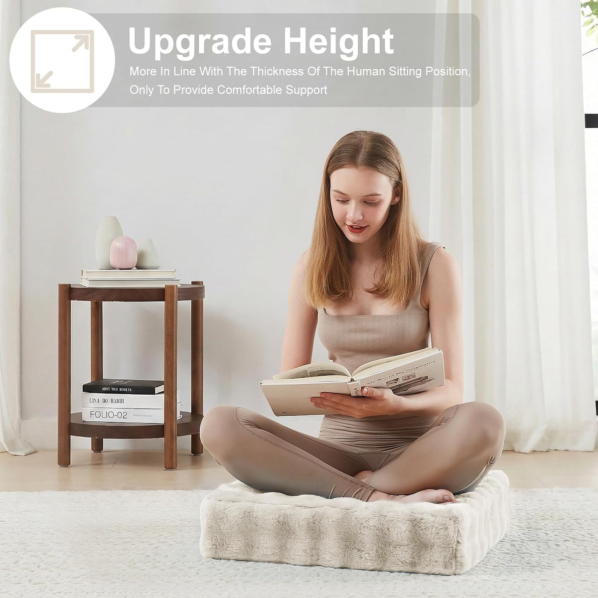 2 Pcs High Density Foam Floor Pillow - Upgraded Large Pillows Seating for Adults - Outdoor Floor Cushion with Soft Tufted Cover - Yoga Pillows for Sitting On Floor - 22 Inch Light Gray