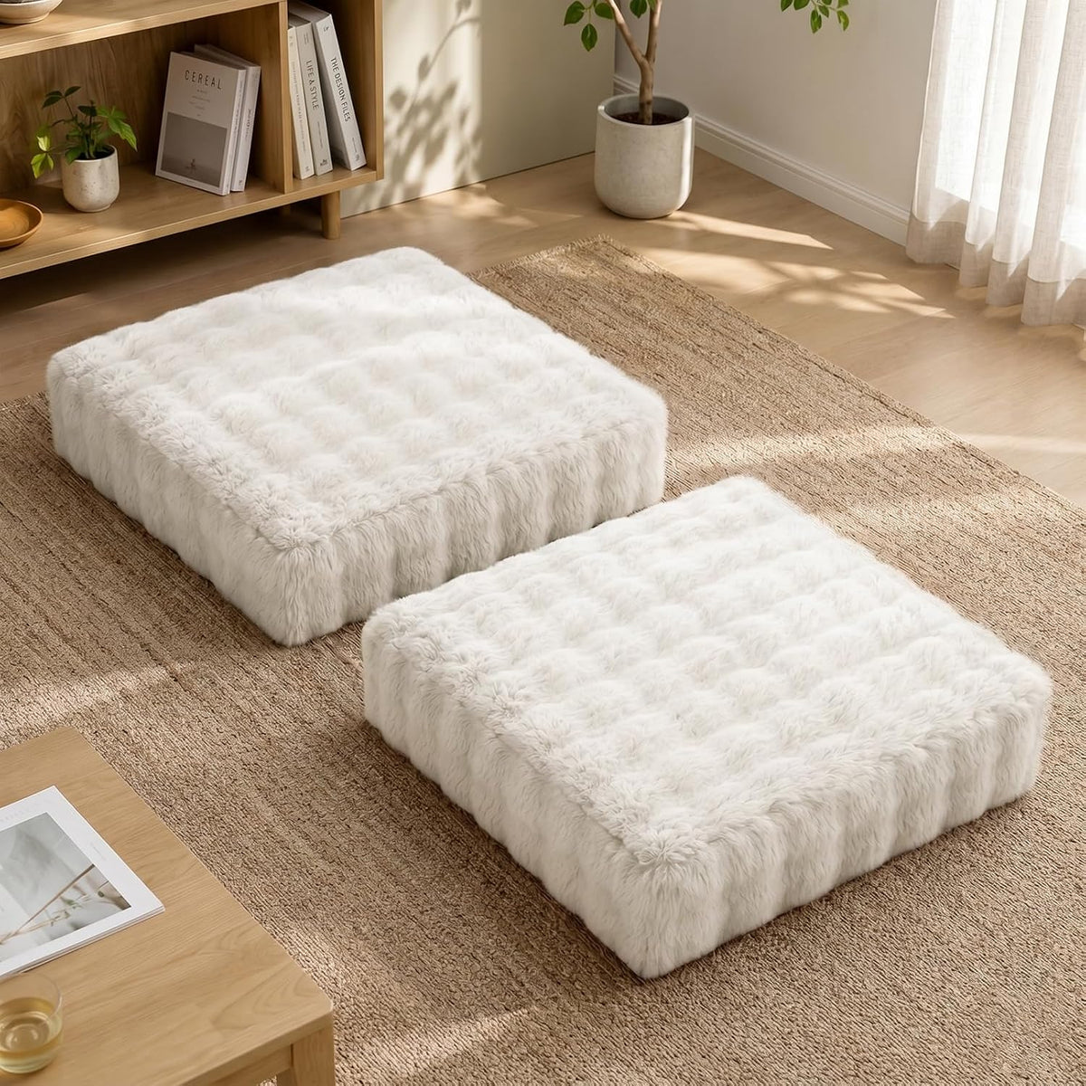 2 Pcs High Density Foam Floor Pillow - Upgraded Large Pillows Seating for Adults - Outdoor Floor Cushion with Soft Tufted Cover - Yoga Pillows for Sitting On Floor - 22 Inch Light Gray