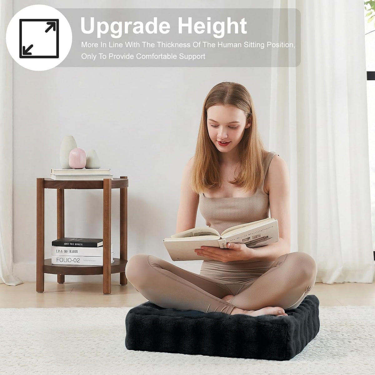 2 Pcs High Density Foam Floor Pillow - Upgraded Large Pillows Seating for Adults - Outdoor Floor Cushion with Soft Tufted Cover - Yoga Pillows for Sitting On Floor - 22 Inch Light Gray