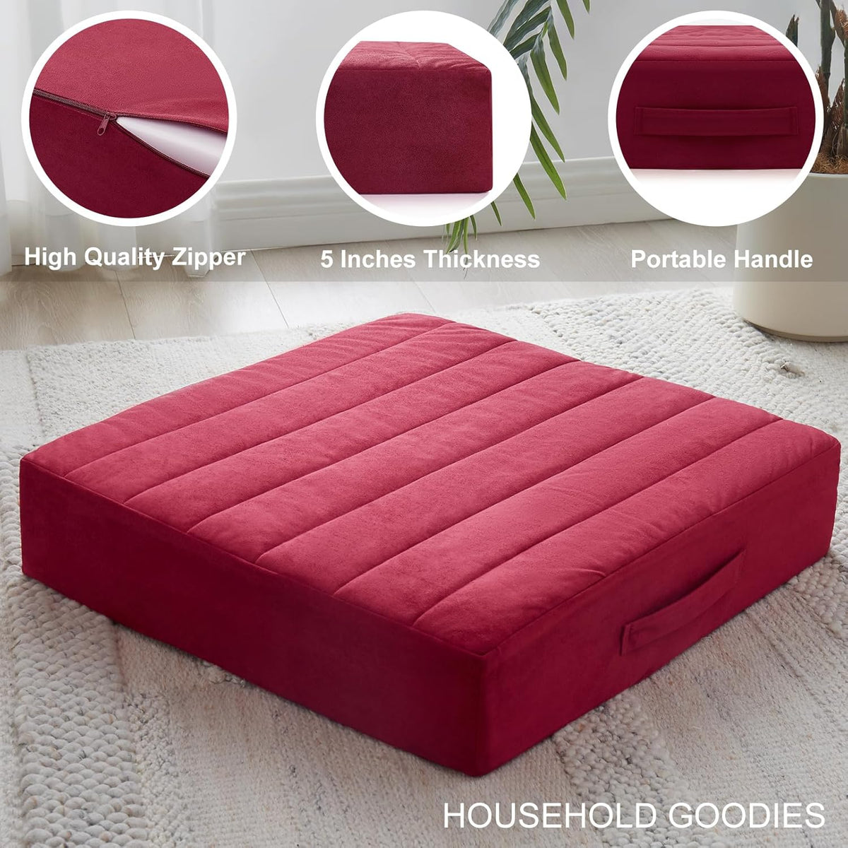 2 Pcs High Density Foam Floor Pillow - Upgraded Large Pillows Seating for Adults - Outdoor Floor Cushion with Soft Tufted Cover - Yoga Pillows for Sitting On Floor - 22 Inch Light Gray
