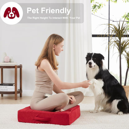 2 Pcs High Density Foam Floor Pillow - Upgraded Large Pillows Seating for Adults - Outdoor Floor Cushion with Soft Tufted Cover - Yoga Pillows for Sitting On Floor - 22 Inch Light Gray