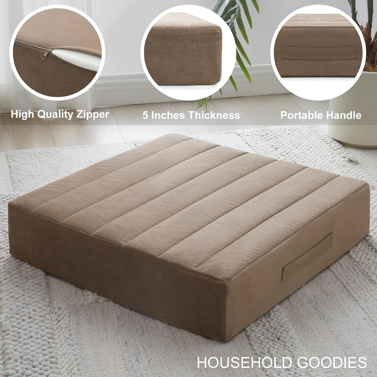 2 Pcs High Density Foam Floor Pillow - Upgraded Large Pillows Seating for Adults - Outdoor Floor Cushion with Soft Tufted Cover - Yoga Pillows for Sitting On Floor - 22 Inch Light Gray