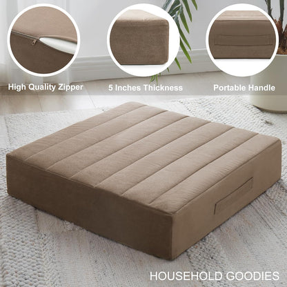 2 Pcs High Density Foam Floor Pillow - Upgraded Large Pillows Seating for Adults - Outdoor Floor Cushion with Soft Tufted Cover - Yoga Pillows for Sitting On Floor - 22 Inch Light Gray