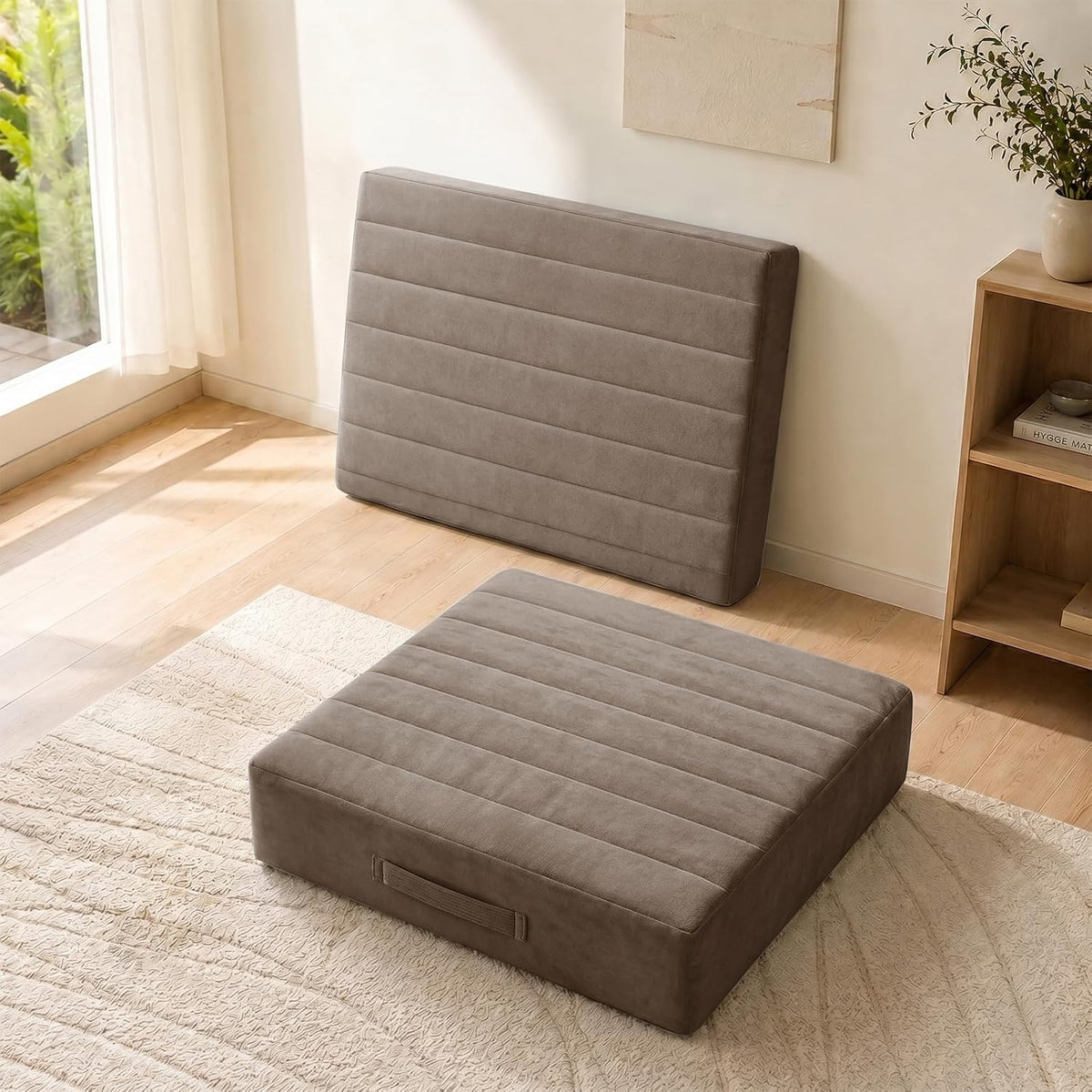 2 Pcs High Density Foam Floor Pillow - Upgraded Large Pillows Seating for Adults - Outdoor Floor Cushion with Soft Tufted Cover - Yoga Pillows for Sitting On Floor - 22 Inch Light Gray