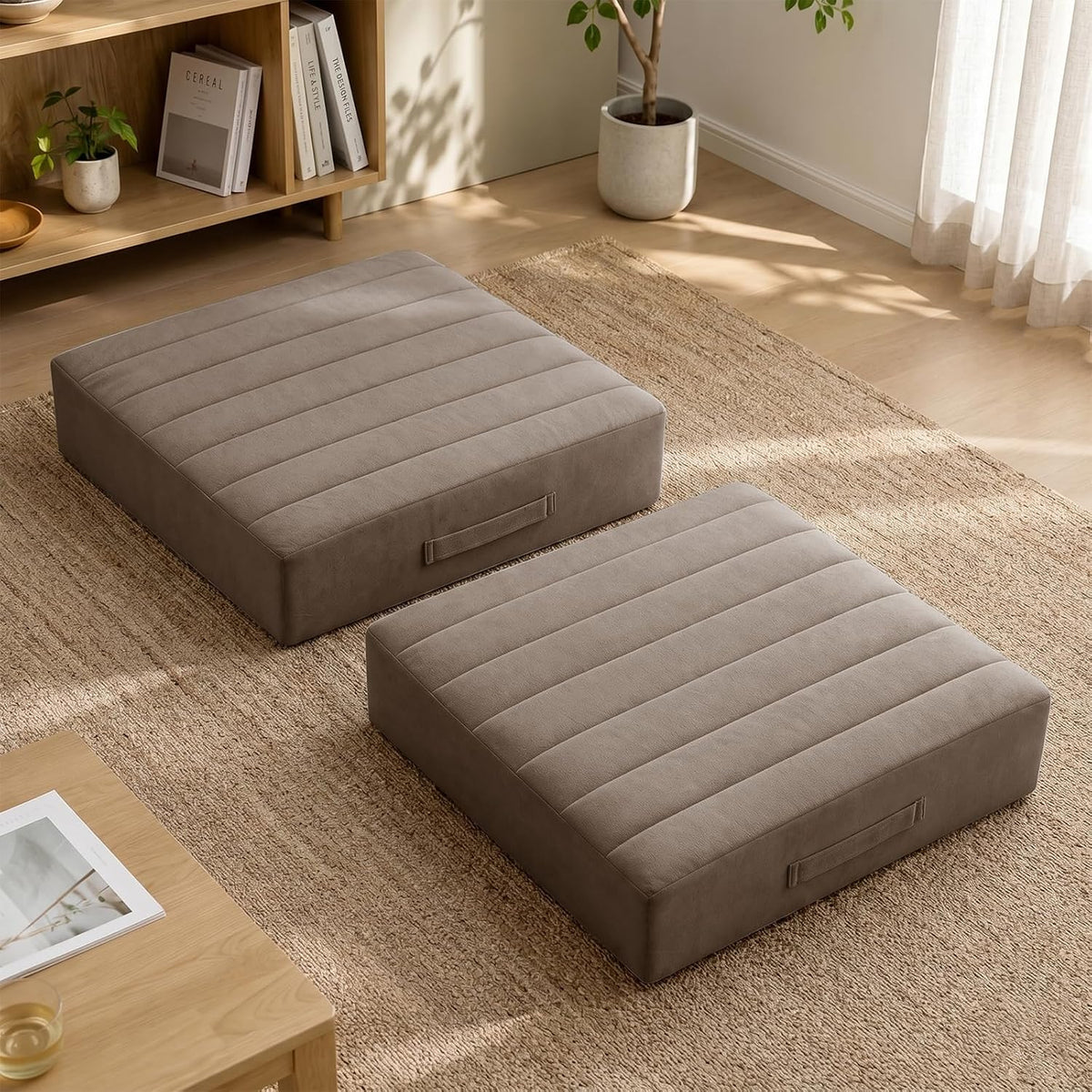 2 Pcs High Density Foam Floor Pillow - Upgraded Large Pillows Seating for Adults - Outdoor Floor Cushion with Soft Tufted Cover - Yoga Pillows for Sitting On Floor - 22 Inch Light Gray