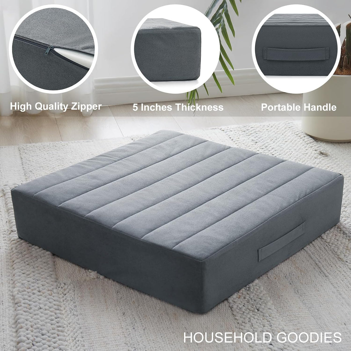 2 Pcs High Density Foam Floor Pillow - Upgraded Large Pillows Seating for Adults - Outdoor Floor Cushion with Soft Tufted Cover - Yoga Pillows for Sitting On Floor - 22 Inch Light Gray