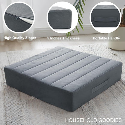 2 Pcs High Density Foam Floor Pillow - Upgraded Large Pillows Seating for Adults - Outdoor Floor Cushion with Soft Tufted Cover - Yoga Pillows for Sitting On Floor - 22 Inch Light Gray