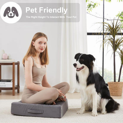2 Pcs High Density Foam Floor Pillow - Upgraded Large Pillows Seating for Adults - Outdoor Floor Cushion with Soft Tufted Cover - Yoga Pillows for Sitting On Floor - 22 Inch Light Gray