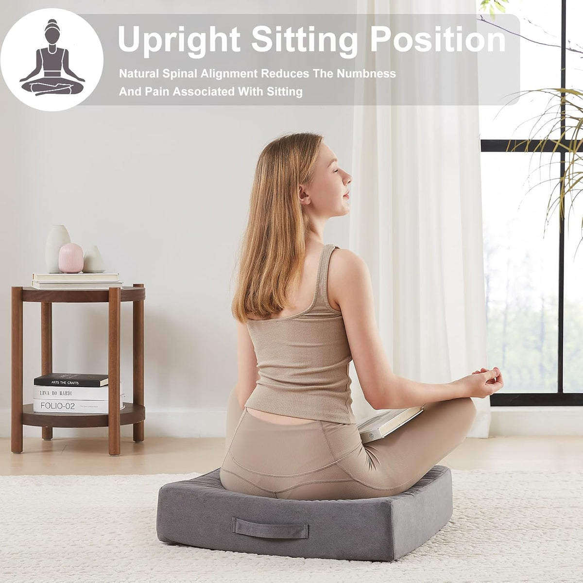 2 Pcs High Density Foam Floor Pillow - Upgraded Large Pillows Seating for Adults - Outdoor Floor Cushion with Soft Tufted Cover - Yoga Pillows for Sitting On Floor - 22 Inch Light Gray