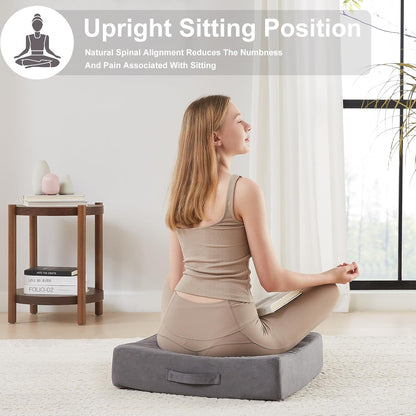 2 Pcs High Density Foam Floor Pillow - Upgraded Large Pillows Seating for Adults - Outdoor Floor Cushion with Soft Tufted Cover - Yoga Pillows for Sitting On Floor - 22 Inch Light Gray