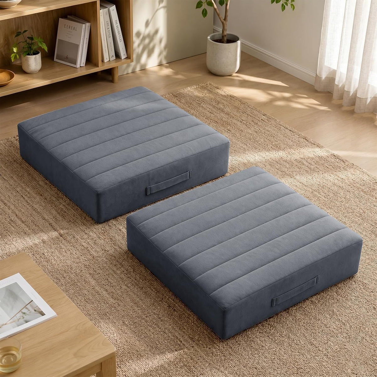 2 Pcs High Density Foam Floor Pillow - Upgraded Large Pillows Seating for Adults - Outdoor Floor Cushion with Soft Tufted Cover - Yoga Pillows for Sitting On Floor - 22 Inch Light Gray