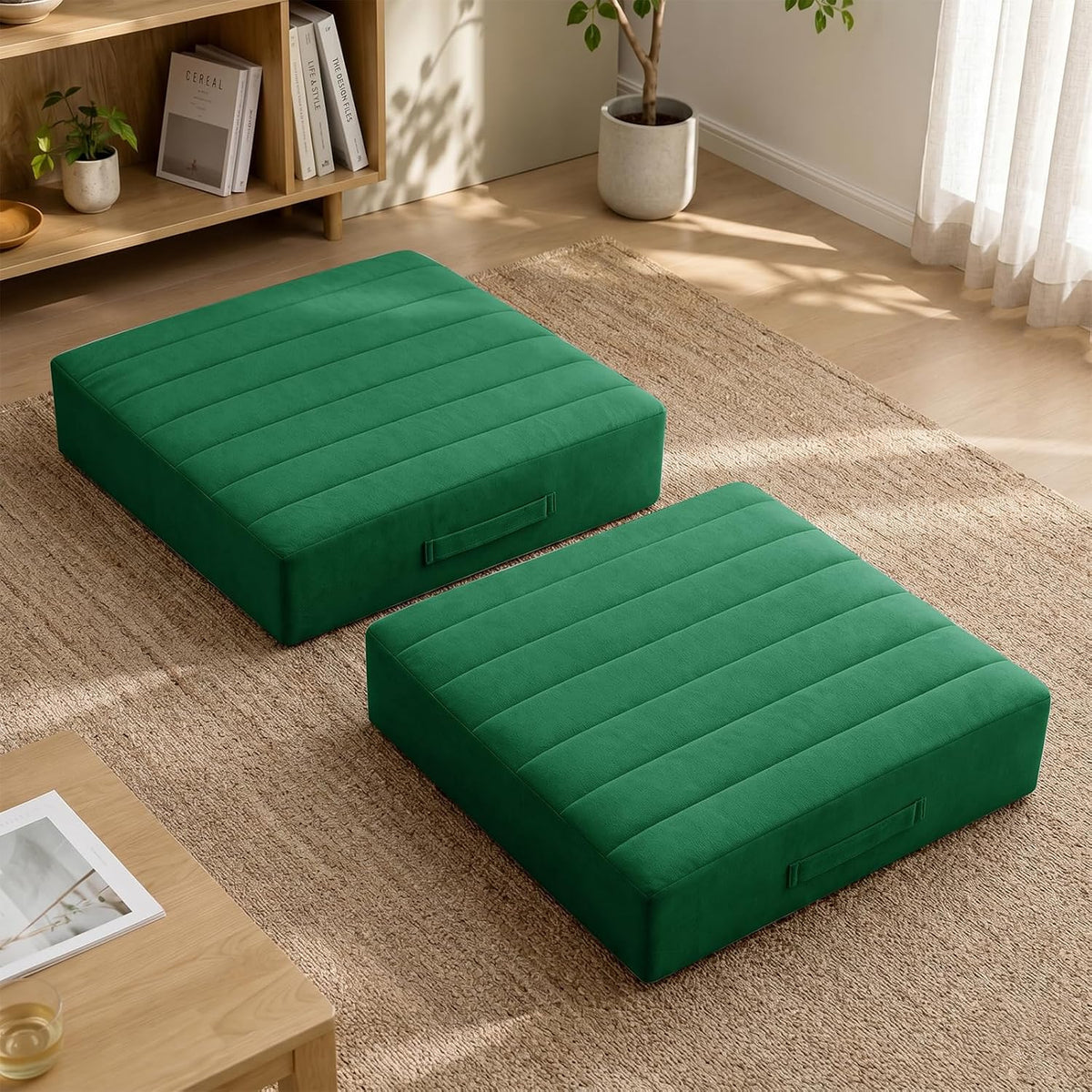 2 Pcs High Density Foam Floor Pillow - Upgraded Large Pillows Seating for Adults - Outdoor Floor Cushion with Soft Tufted Cover - Yoga Pillows for Sitting On Floor - 22 Inch Light Gray